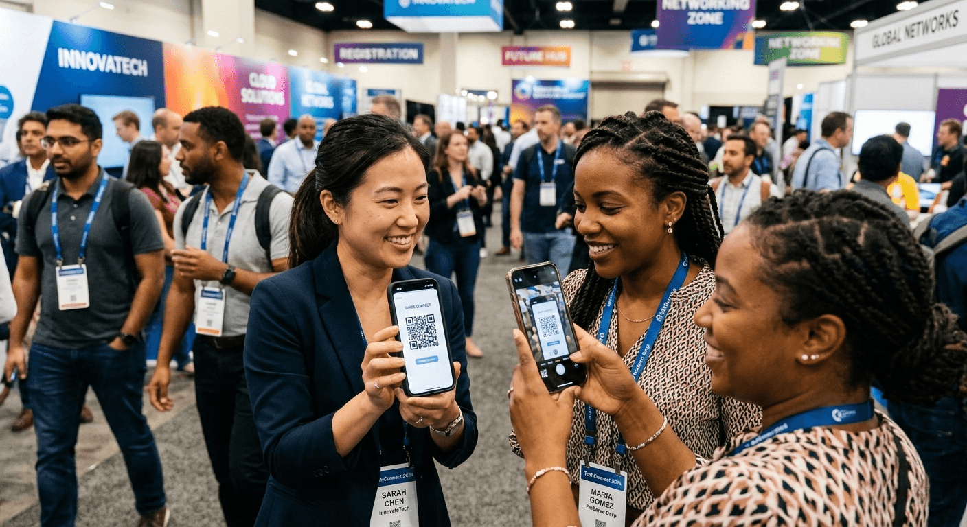 Professionals exchanging digital business cards using a QR code at a networking ev
