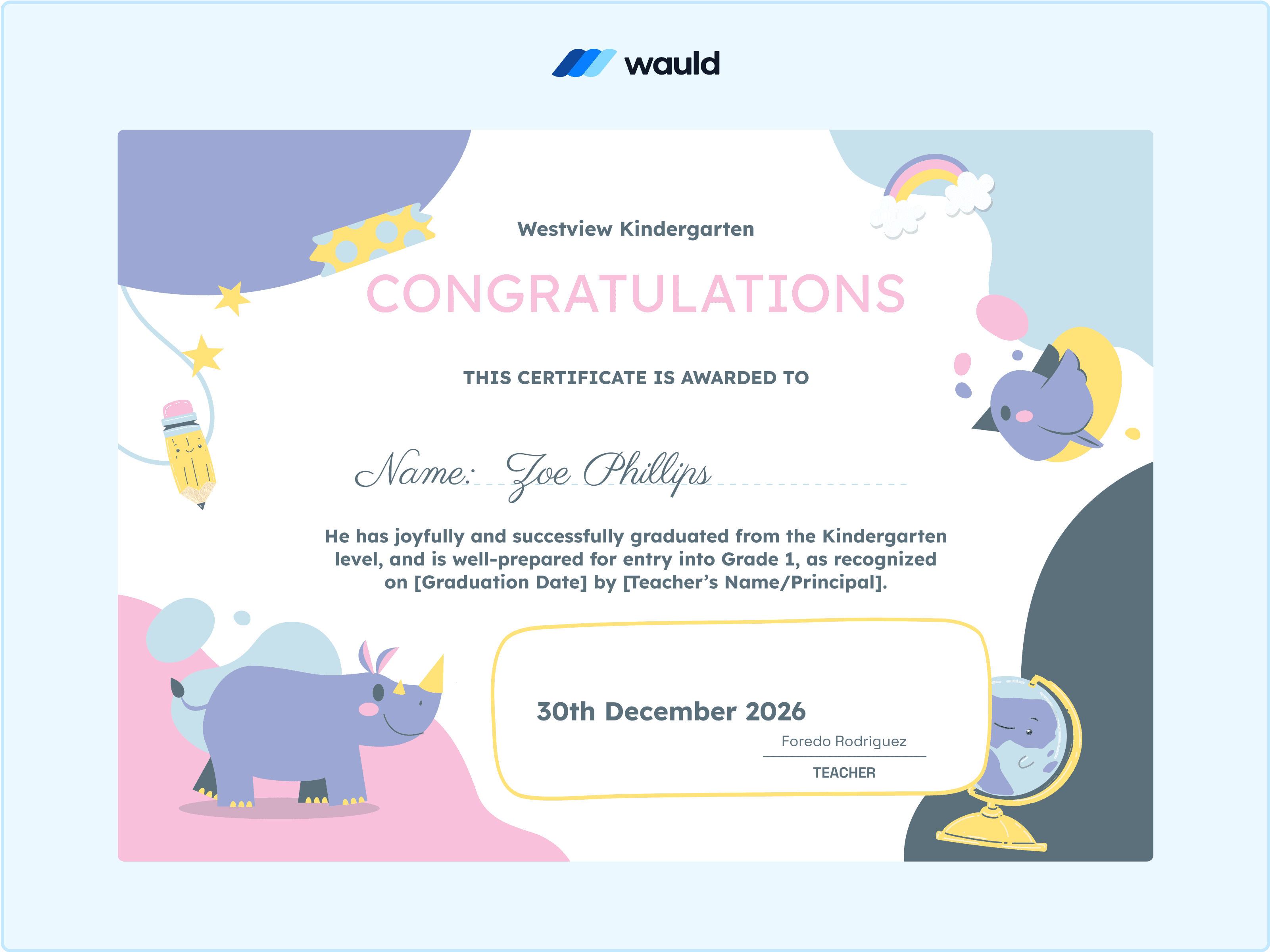 Wauld - Kindergarten graduation certificate template&nbsp;