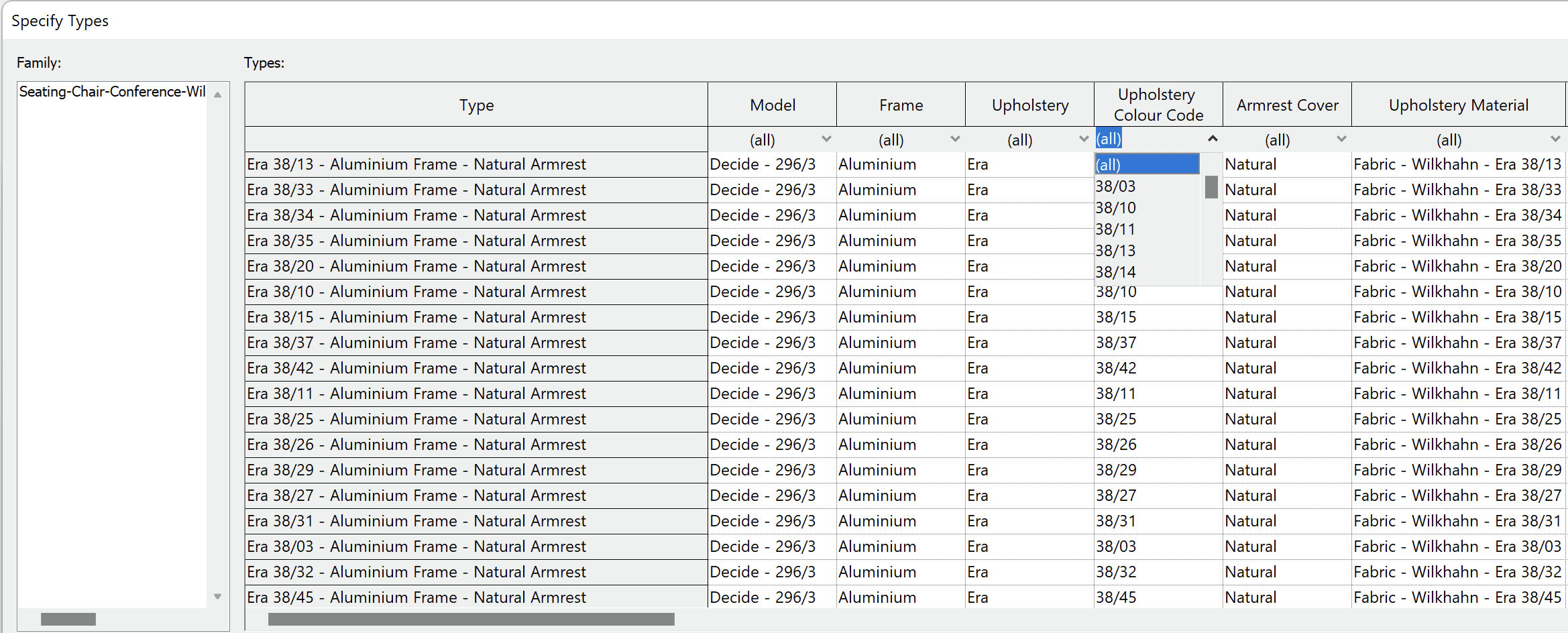 Filter types by specific material code.