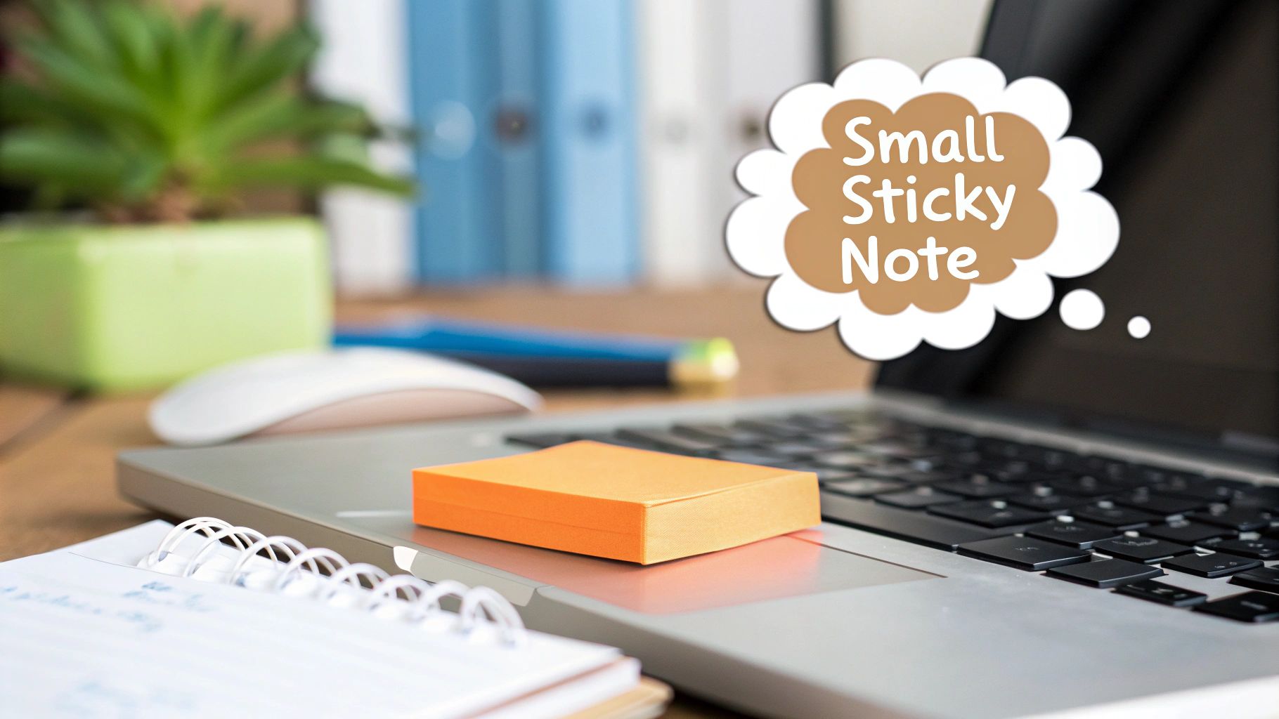 Orange sticky notes on a laptop in a modern office workspace, with a mouse and notebook.