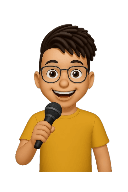 A cheerful cartoon character with curly hair, wearing a yellow shirt and holding a microphone.
