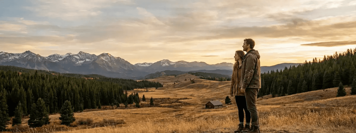 A wide-angle view of a couple standing on a hillside covered in golden grass, gazing out over a vast valley. In the distance, dense evergreen forests give way to majestic, snow-capped mountains under a warm, cloudy sunset sky. A solitary rustic wooden cabin sits in the valley below. The scene is bathed in earthy tones and natural light, evoking a peaceful and optimistic mood.