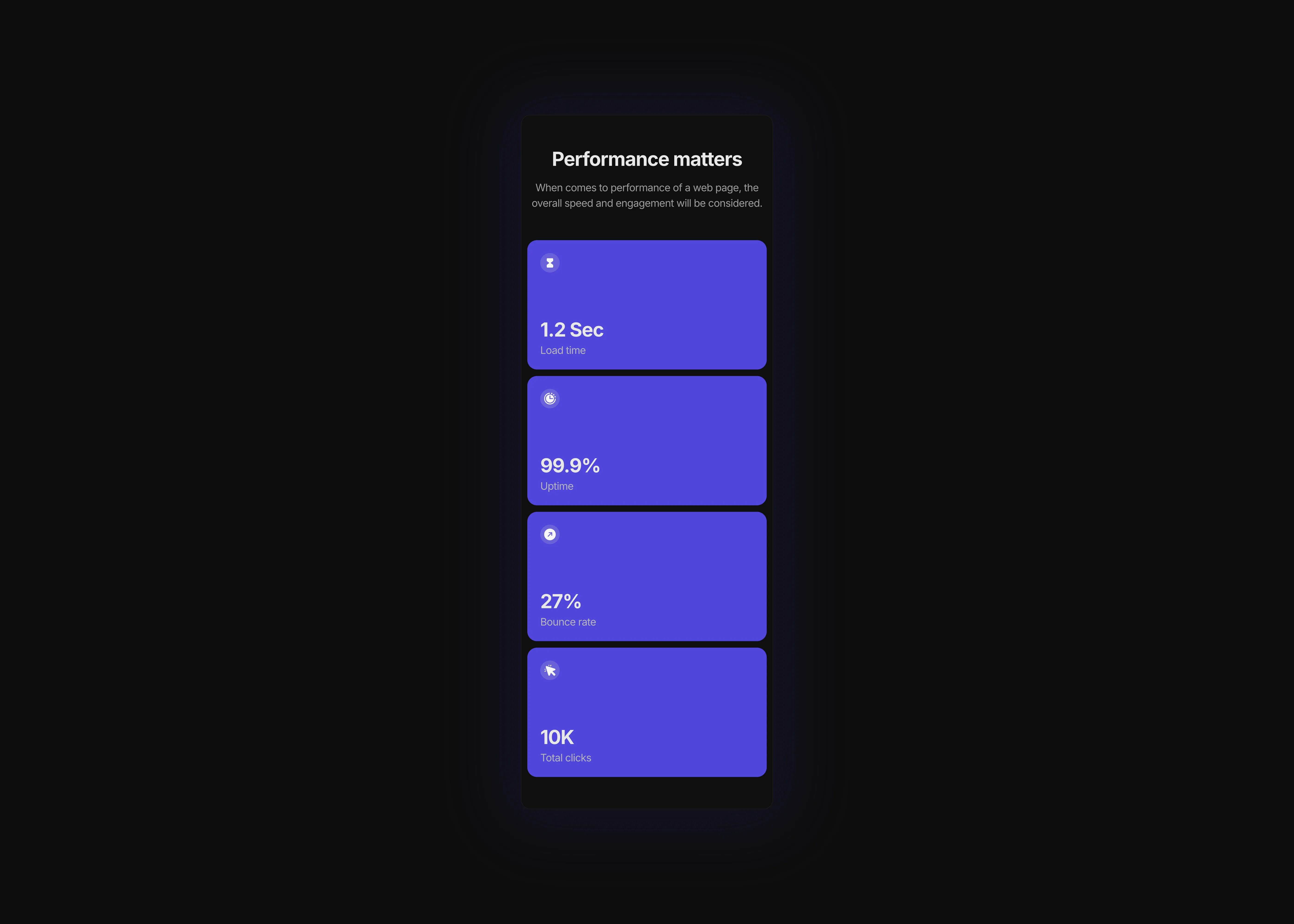 A dark themed stats section with stats cards in blue color, optimized for mobile devices