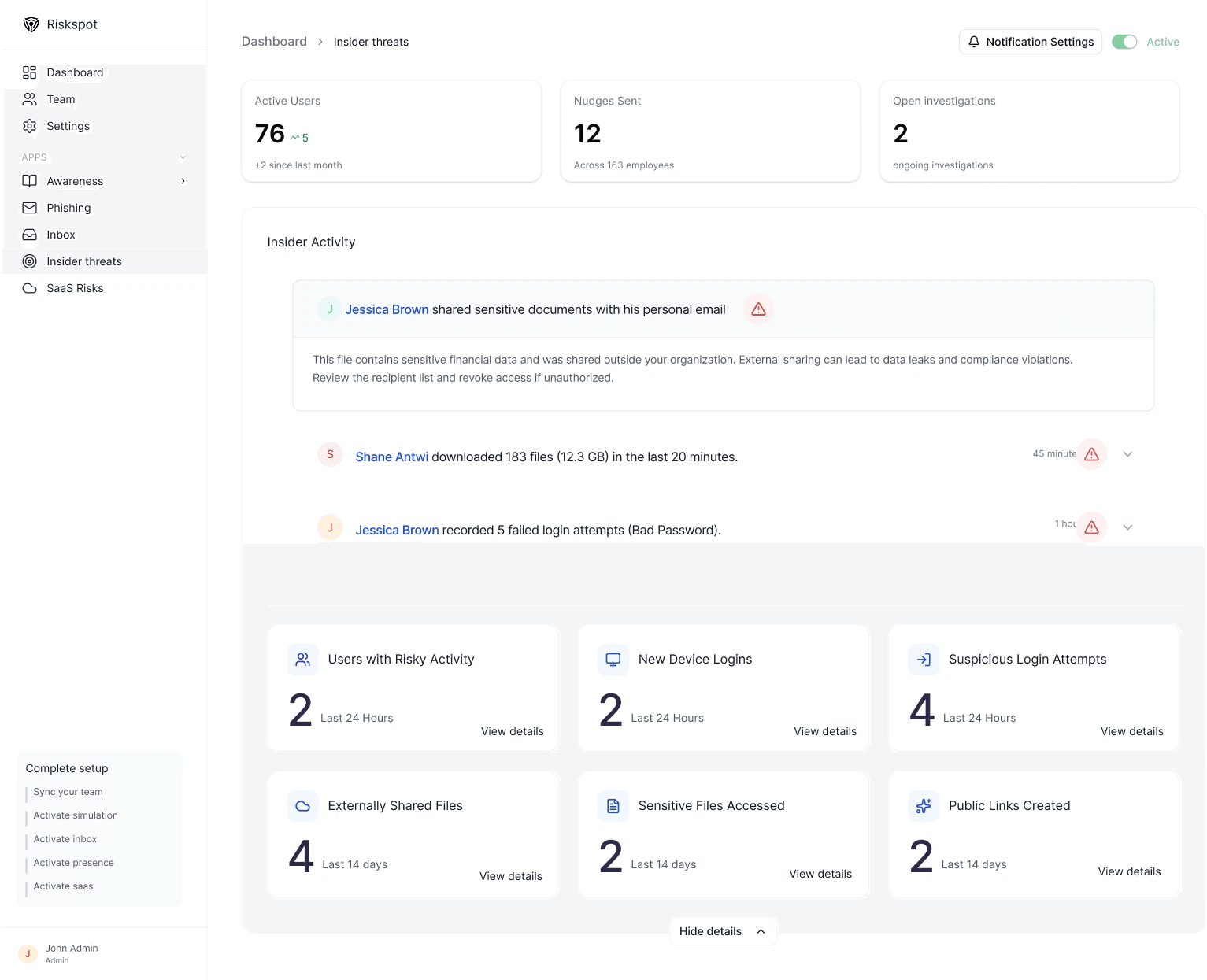 Riskspot Cyber Companion - Ananse Introduction. The image features a 3D character, Ananse, your cyber companion, with messages: 'Good morning! I am Ananse, your cyber companion,' 'My mission: to help your team stay secure,' 'Today's mission: Unmasking Phishing,' and 'Secure employees = Secure company.' Designed to engage users in cybersecurity awareness and training.