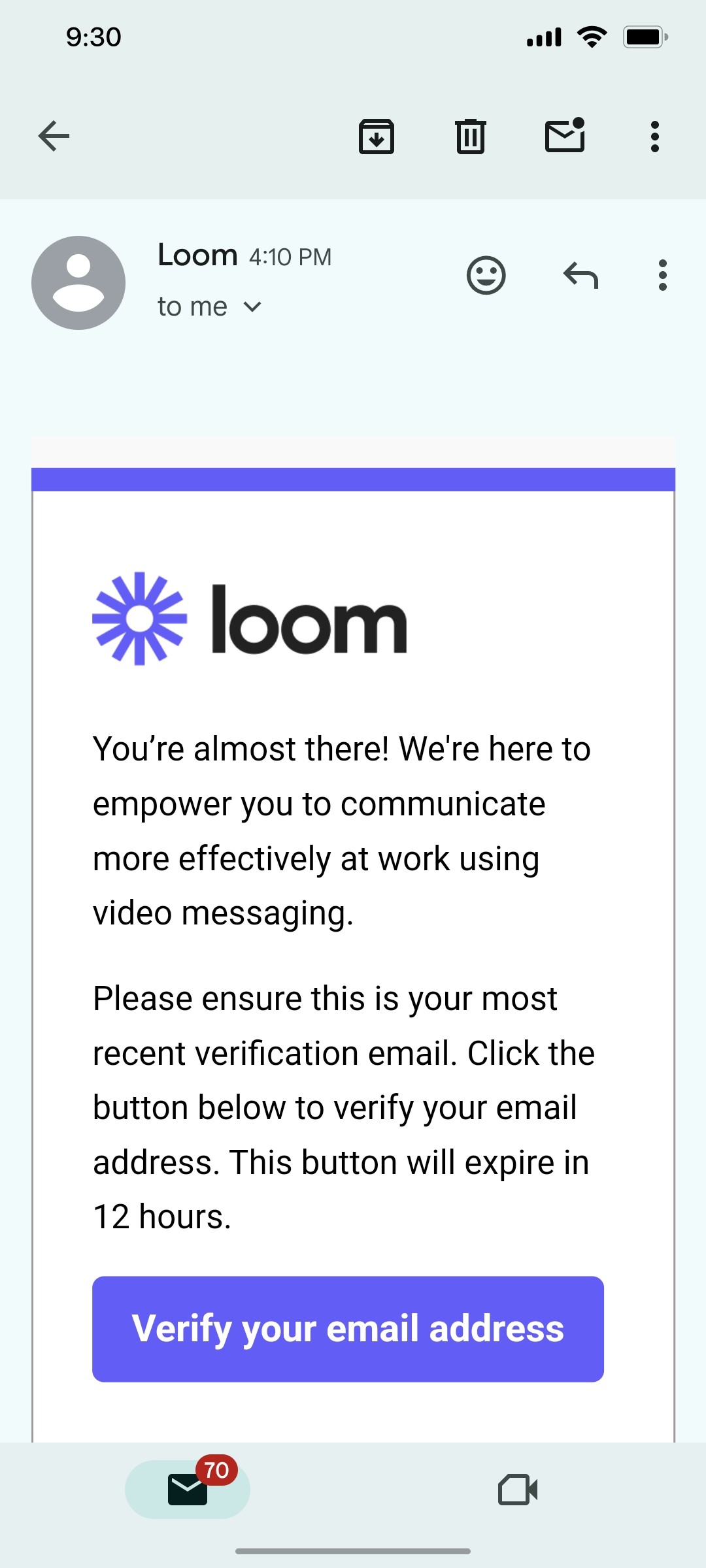 loom Email verification screen