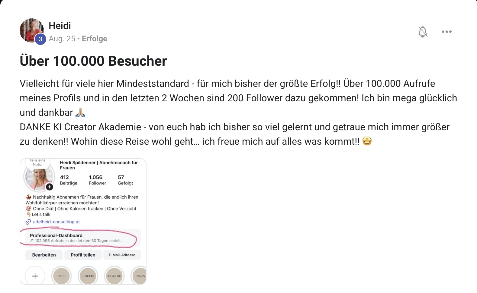 Erfolgsbericht KI Creator Akademie: Abnehmcoach Heidi erreicht über 100.000 Profilaufrufe in 30 Tagen