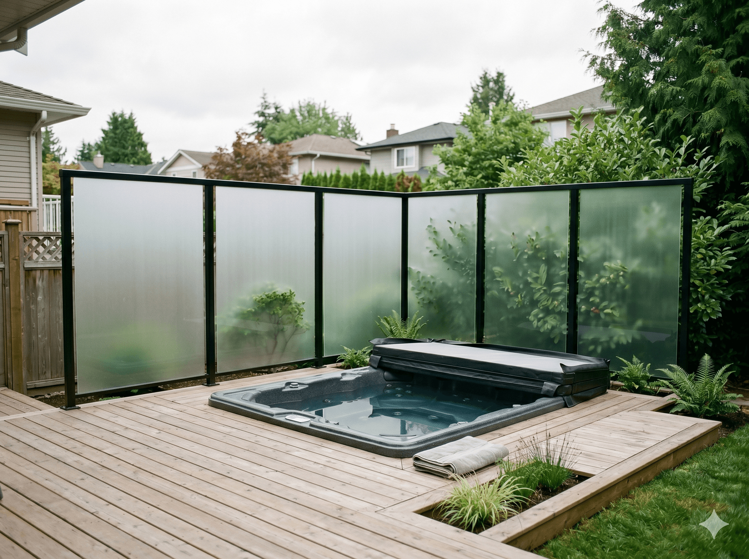 Frosted glass privacy wall around a backyard hot tub in Vancouver