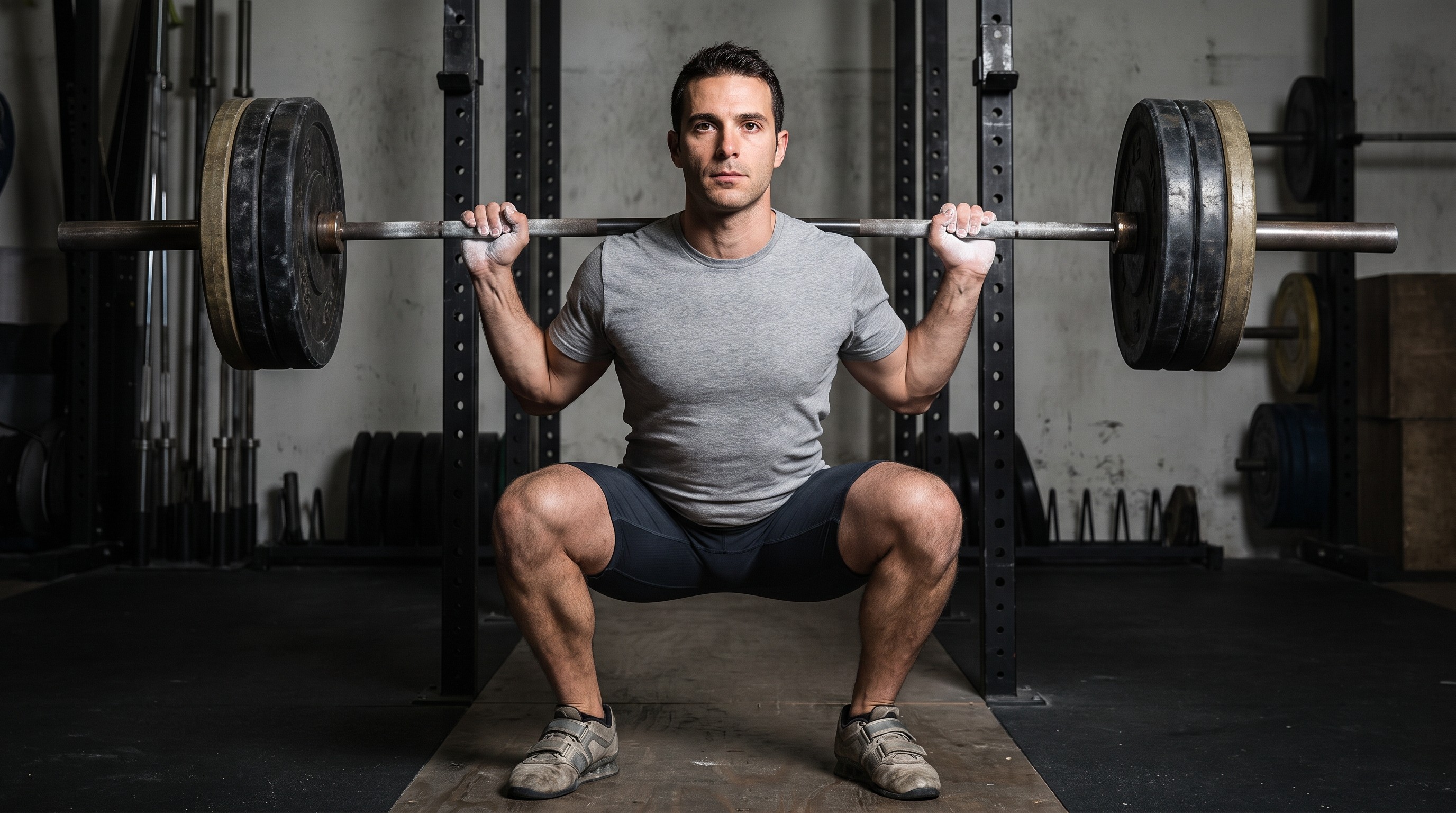 atleta powerlifting esegue squat con bilanciere applicando tecnica di respirazione Valsalva