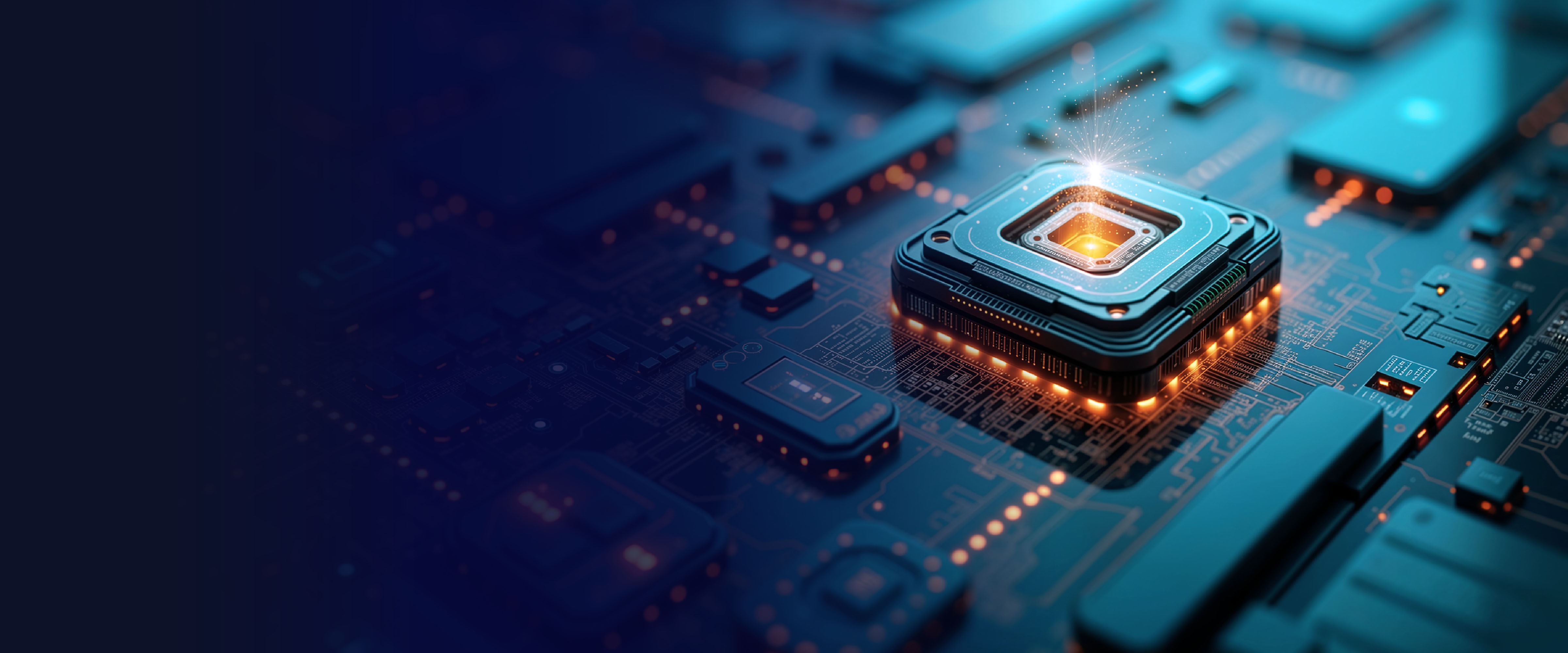 Microchip on a circuit board over a blue background.