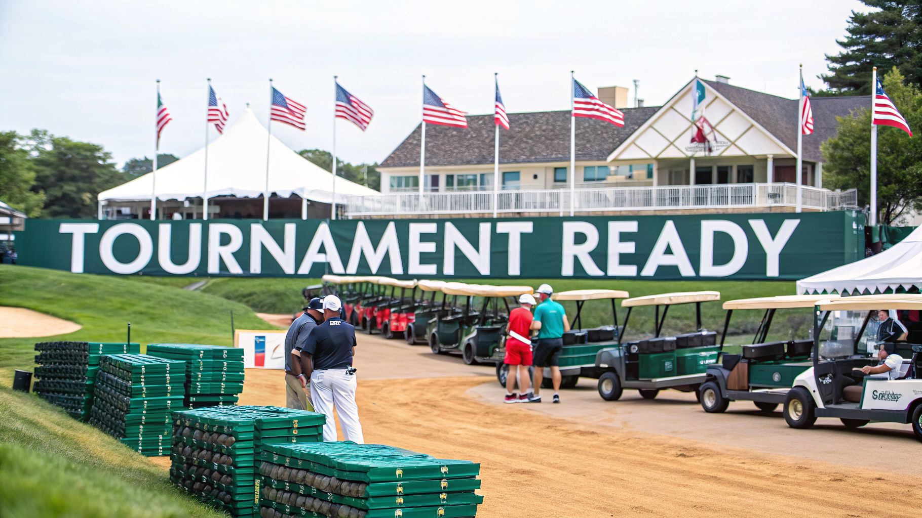 Golf course ready for a tournament, featuring a large sign, flags, and golf carts.