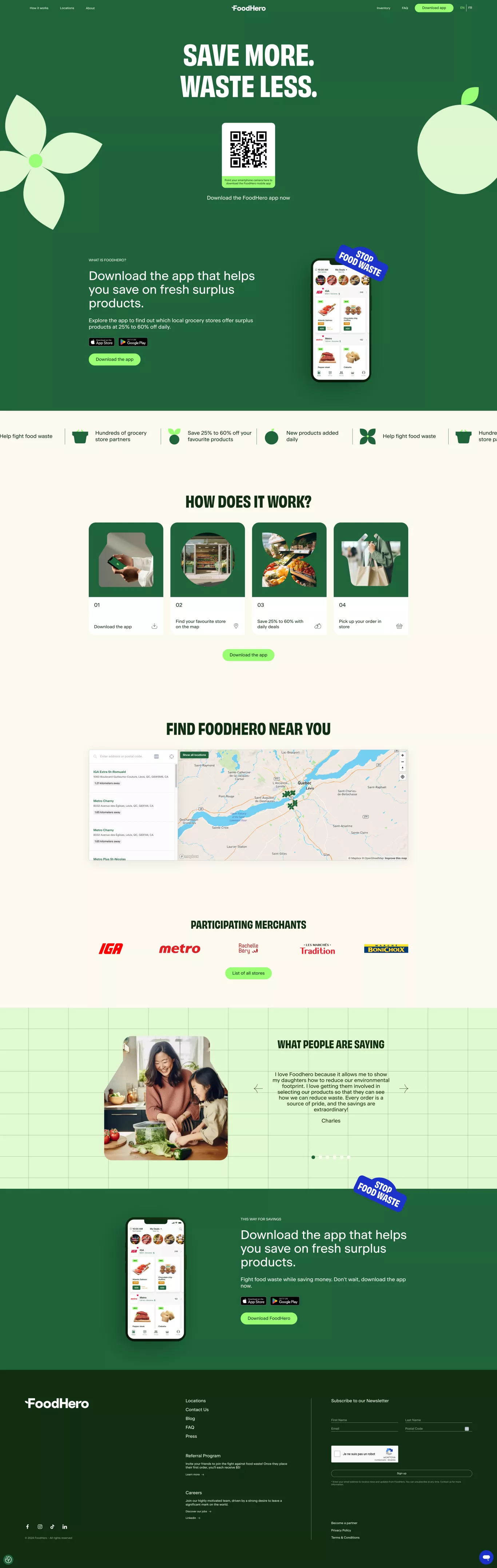 Save on groceries and fight food waste landing page screenshot showcasing Tech and Food & Drinks design