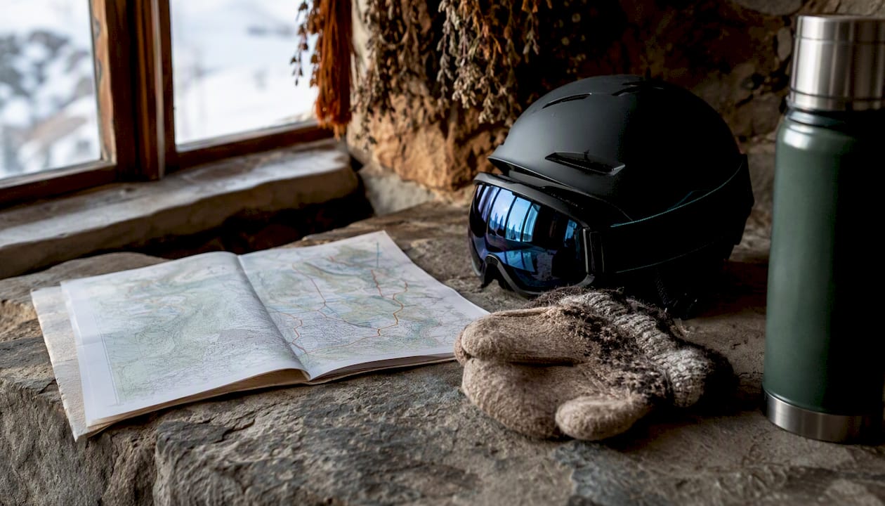 Ski equipment and travel-planning items arranged for a remote ski trip