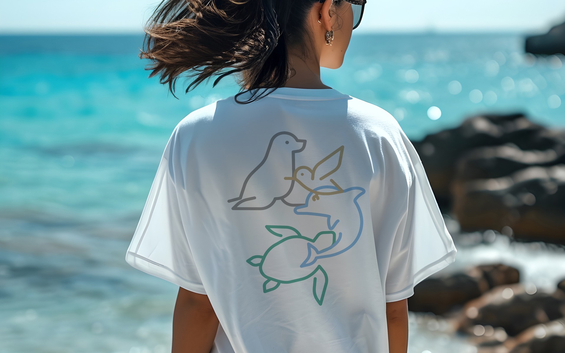 Application of the Cyclades Care for Wildlife identity on apparel, featuring line-based illustrations inspired by marine life