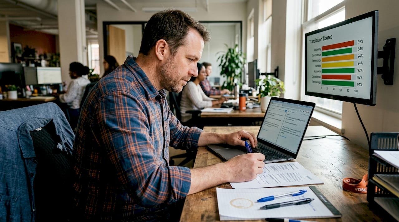 Localization specialist reviewing translation accuracy chart