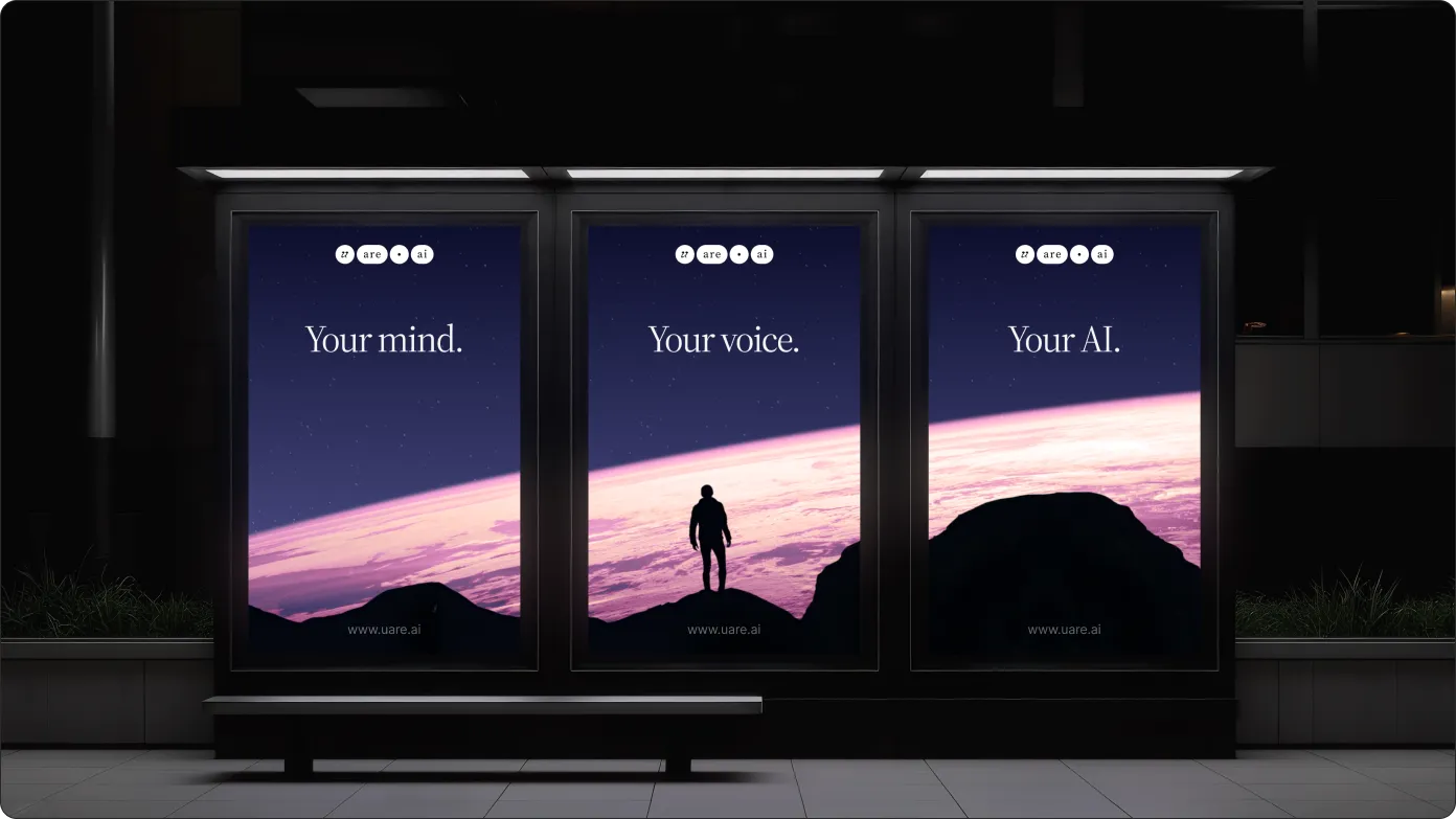Uare.ai outdoor advertising campaign featuring personal AI messaging and space-inspired brand visuals.