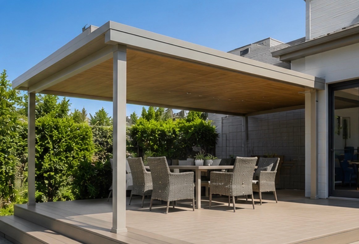 Finished backyard deck with seating and railing