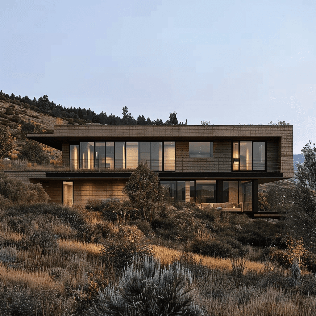 ern home with dark wood siding on a sage-covered hillside