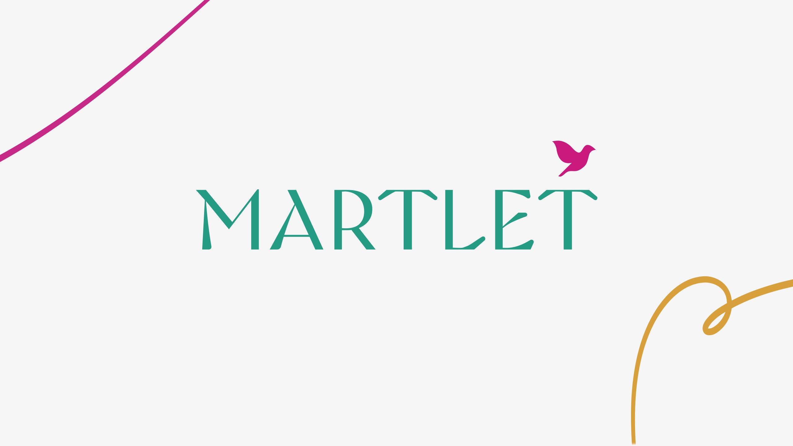 The chosen Martlet logo design, featuring the teal and pink logo, plus mustard and pink trailing lines