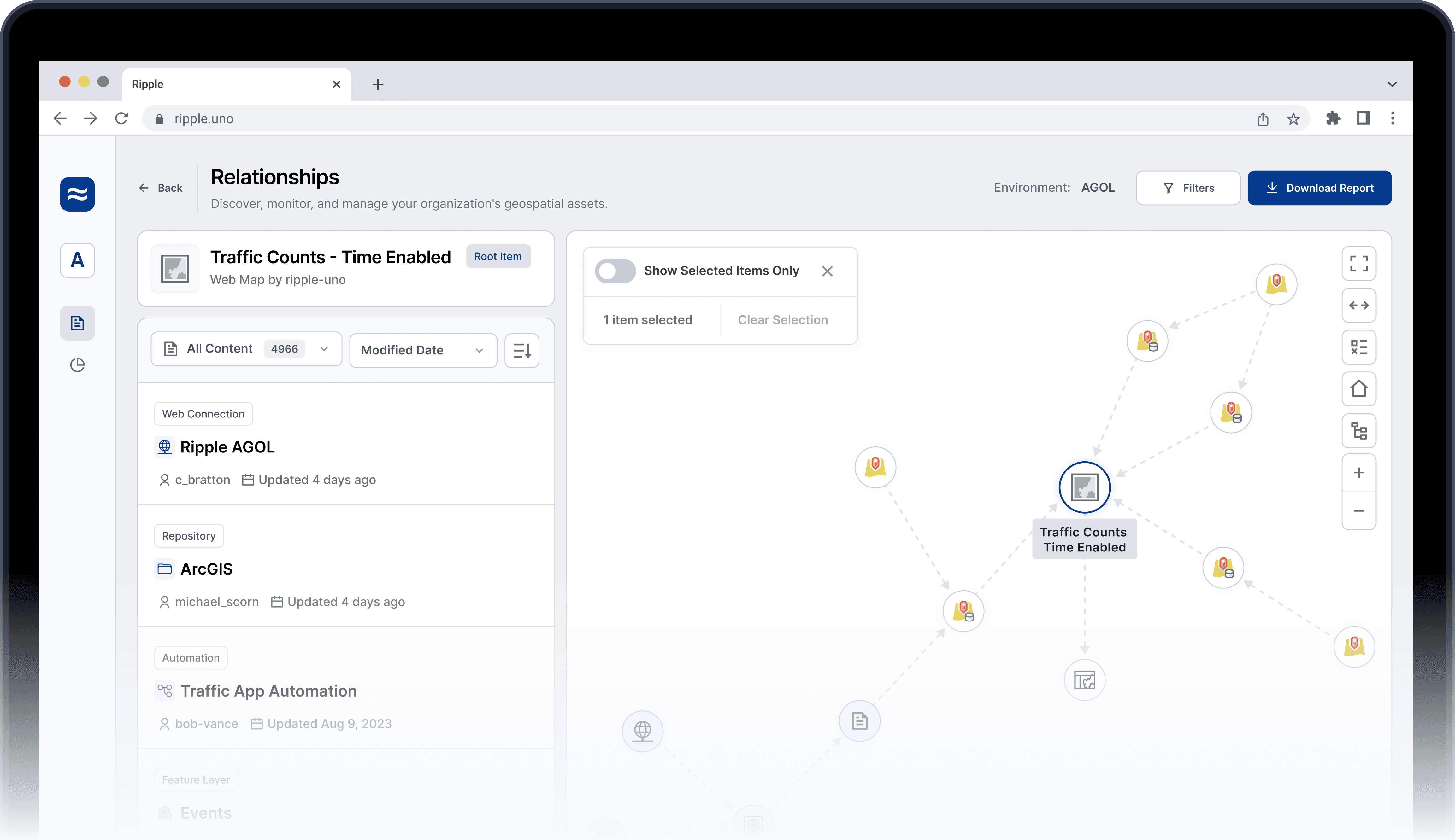 Ripple’s Relationship Reporting interface displayed on a desktop, showing how ArcGIS content and related items are visualised in an interactive network view.