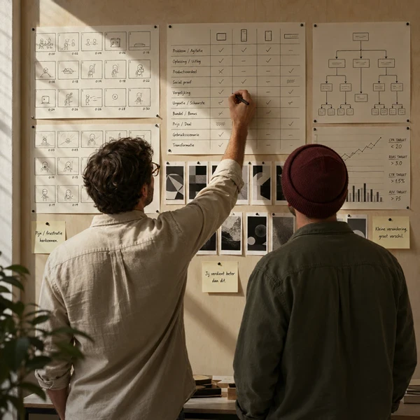 Twee personen analyseren marketingstrategie op een muurbord met sketches, grafieken en performance data