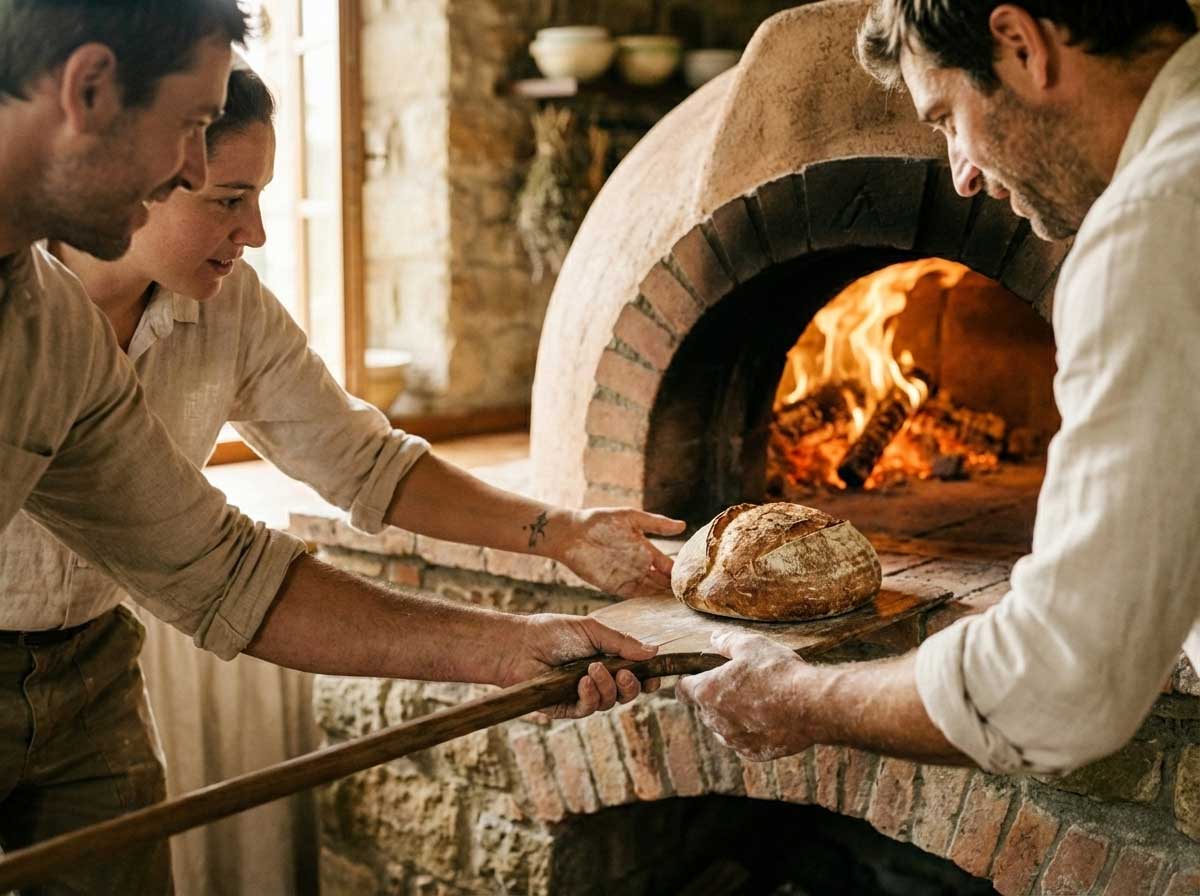 Three people are carefully removing a fresh loaf of artisanal bread from a rustic, wood-fired brick oven, with flames visible inside.