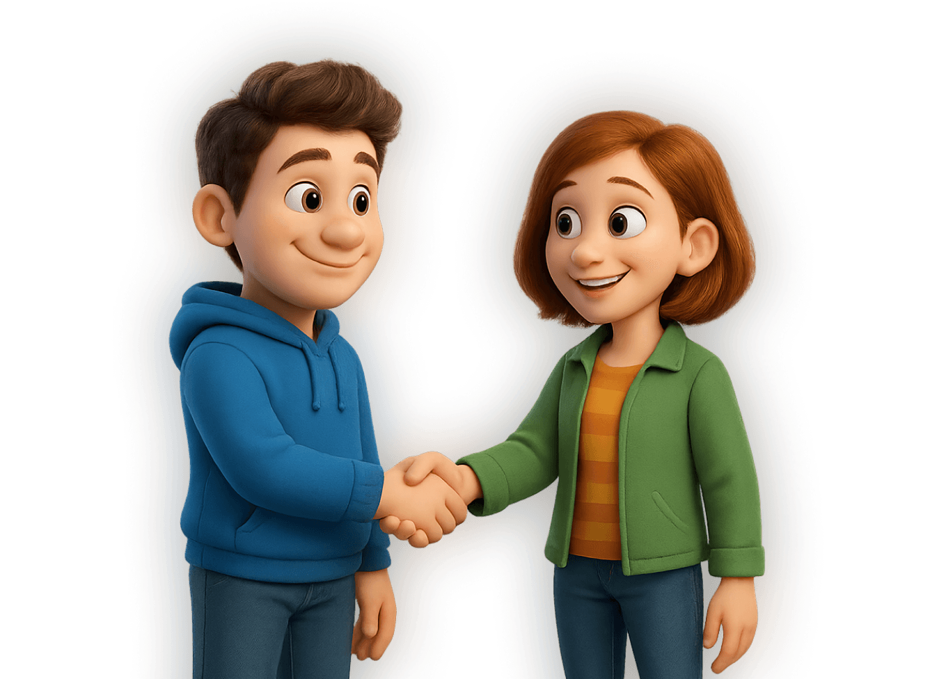 Two animated characters smiling and shaking hands