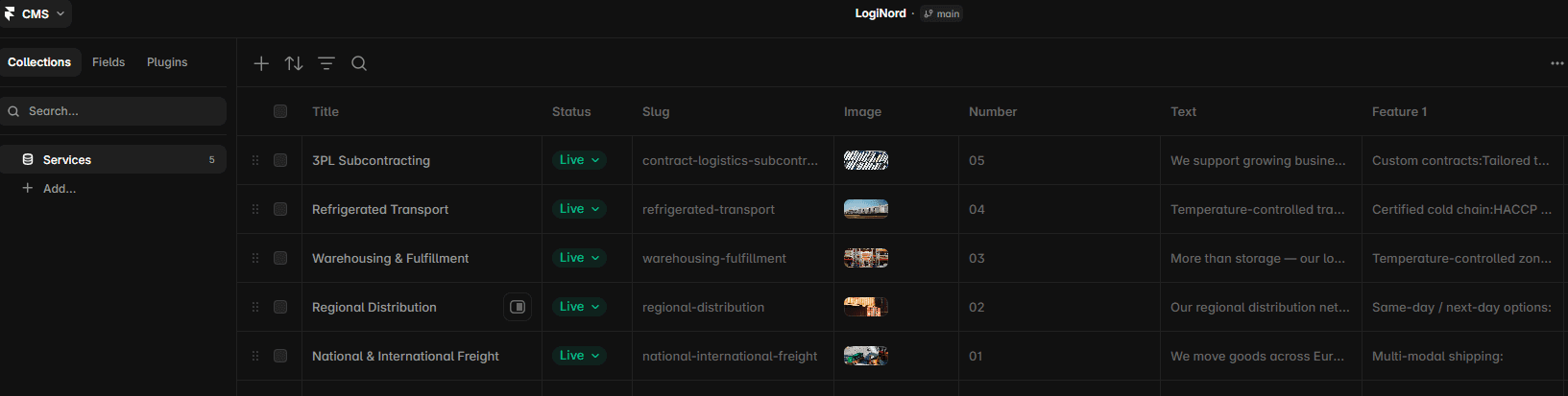 LogiNord Services CMS collection with five items and fields for slugs, images, text, and service features.