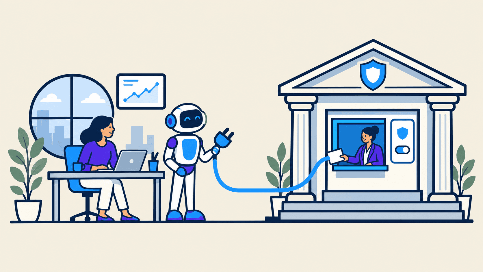 Bankgebäude als Schnittstelle: Ein Roboterassistent des Kunden greift über einen gesicherten Schalter auf Finanzdaten zu