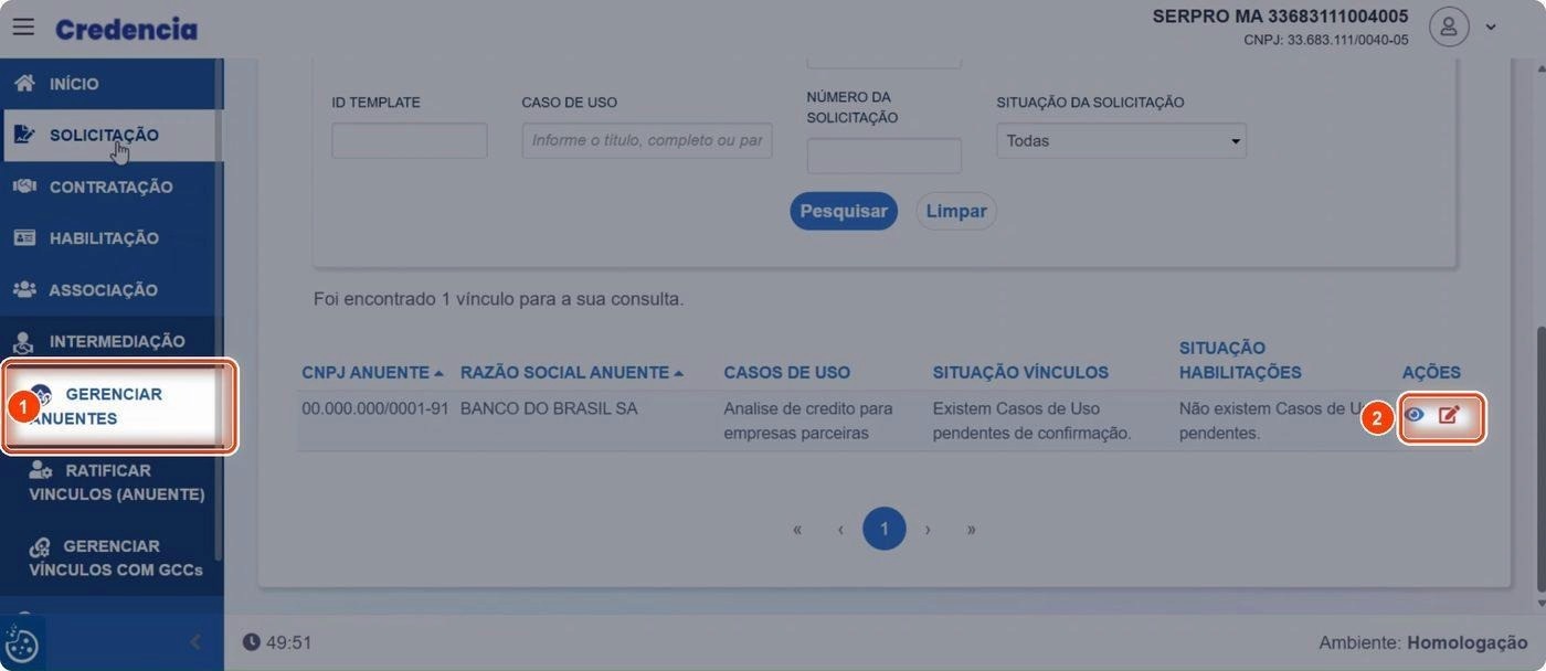 Captura de tela de referência do Credencia para Passo 10 — Consultar ou editar o vínculo do anuente. Contexto: 40 — Revisão — Solicitação de consulta.
