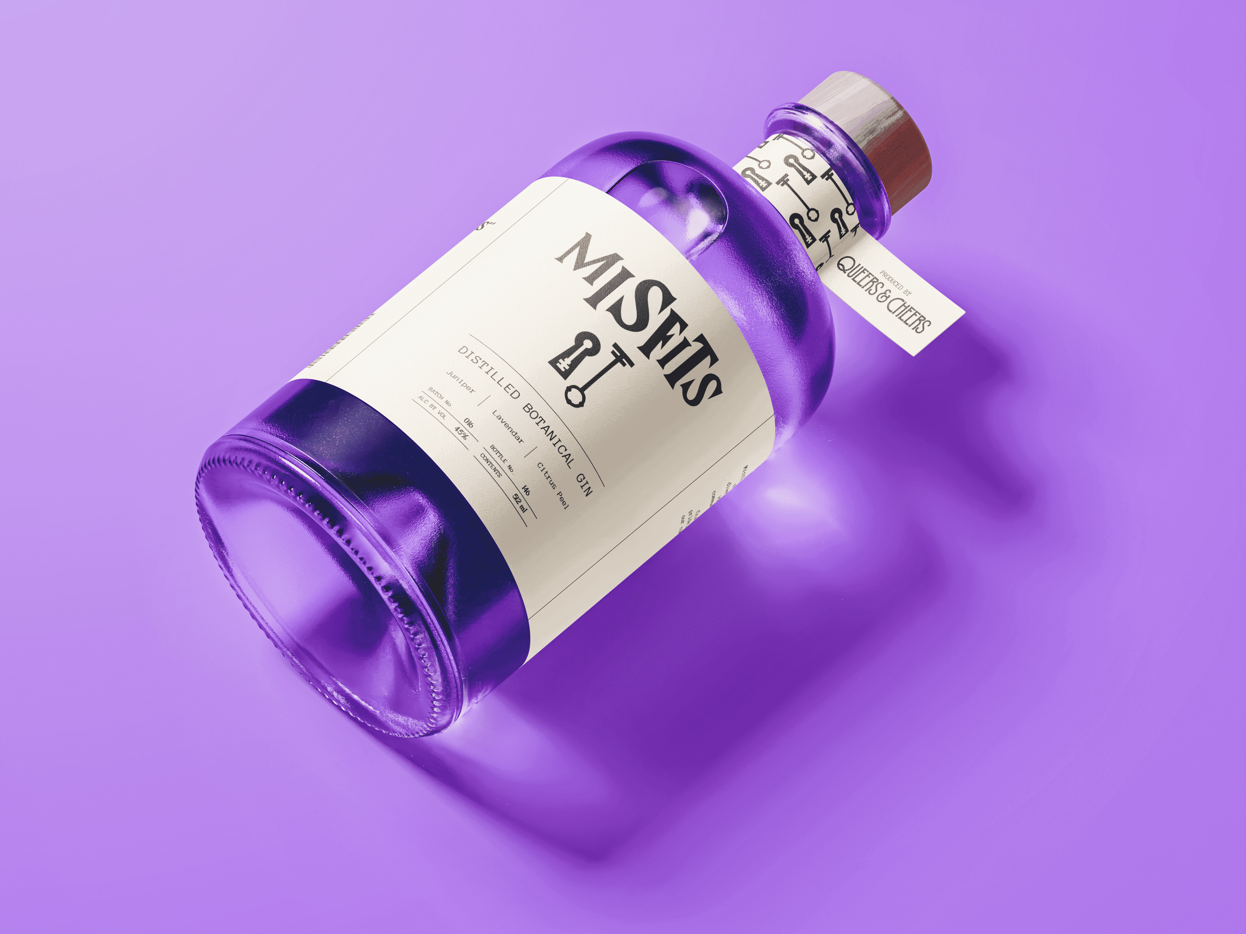 Purple Misfits Gin bottle with white label, lying on a purple surface.