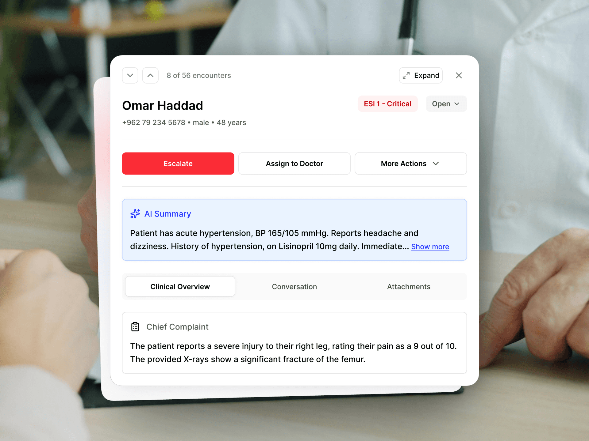 Screenshot of an AI Health Clinic triage screen showing a critical patient case with an AI summary and escalation options, displayed on a tablet.