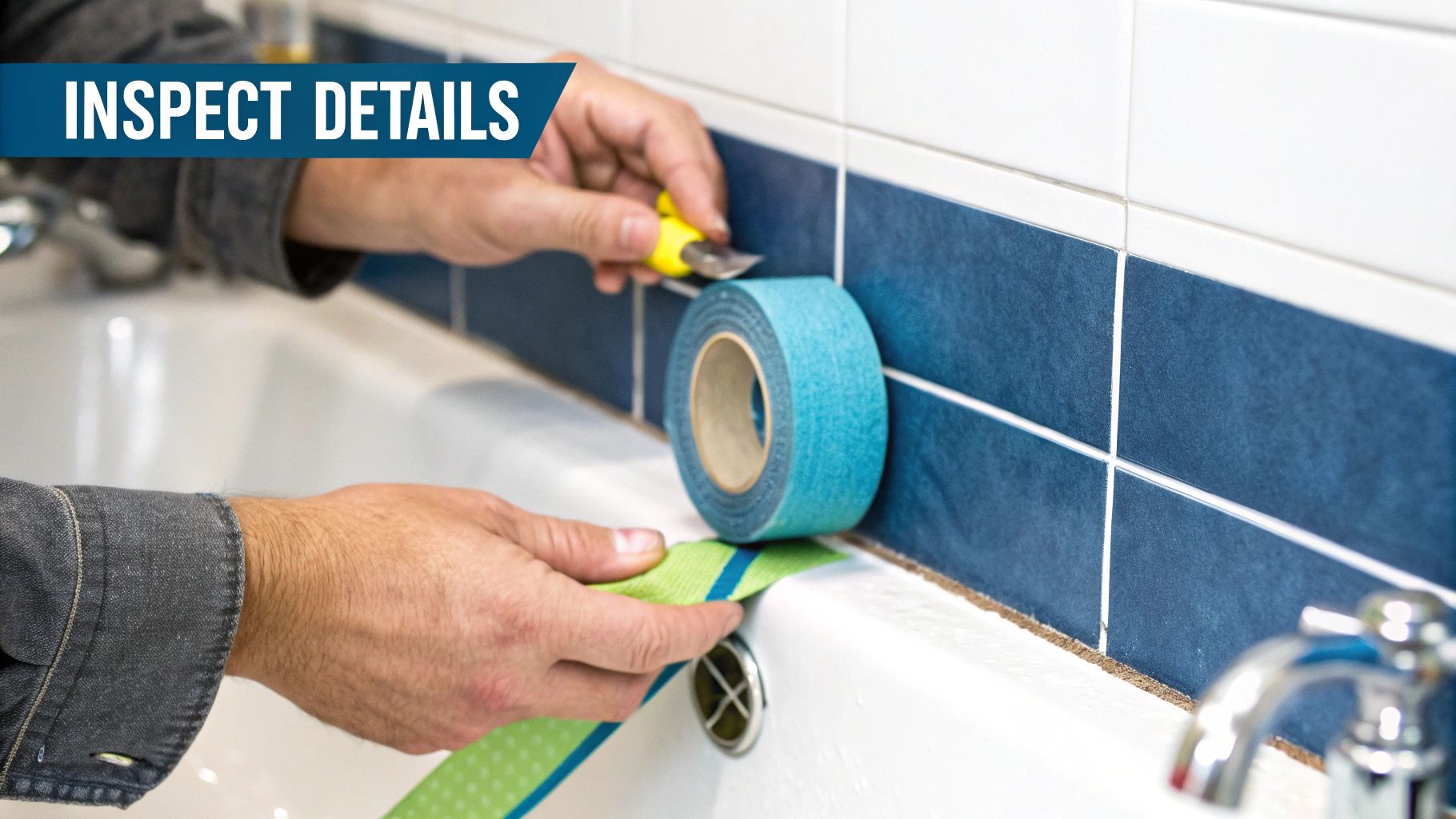 Hands applying blue and green tape to seal the edge of a white bathtub next to blue wall tiles.