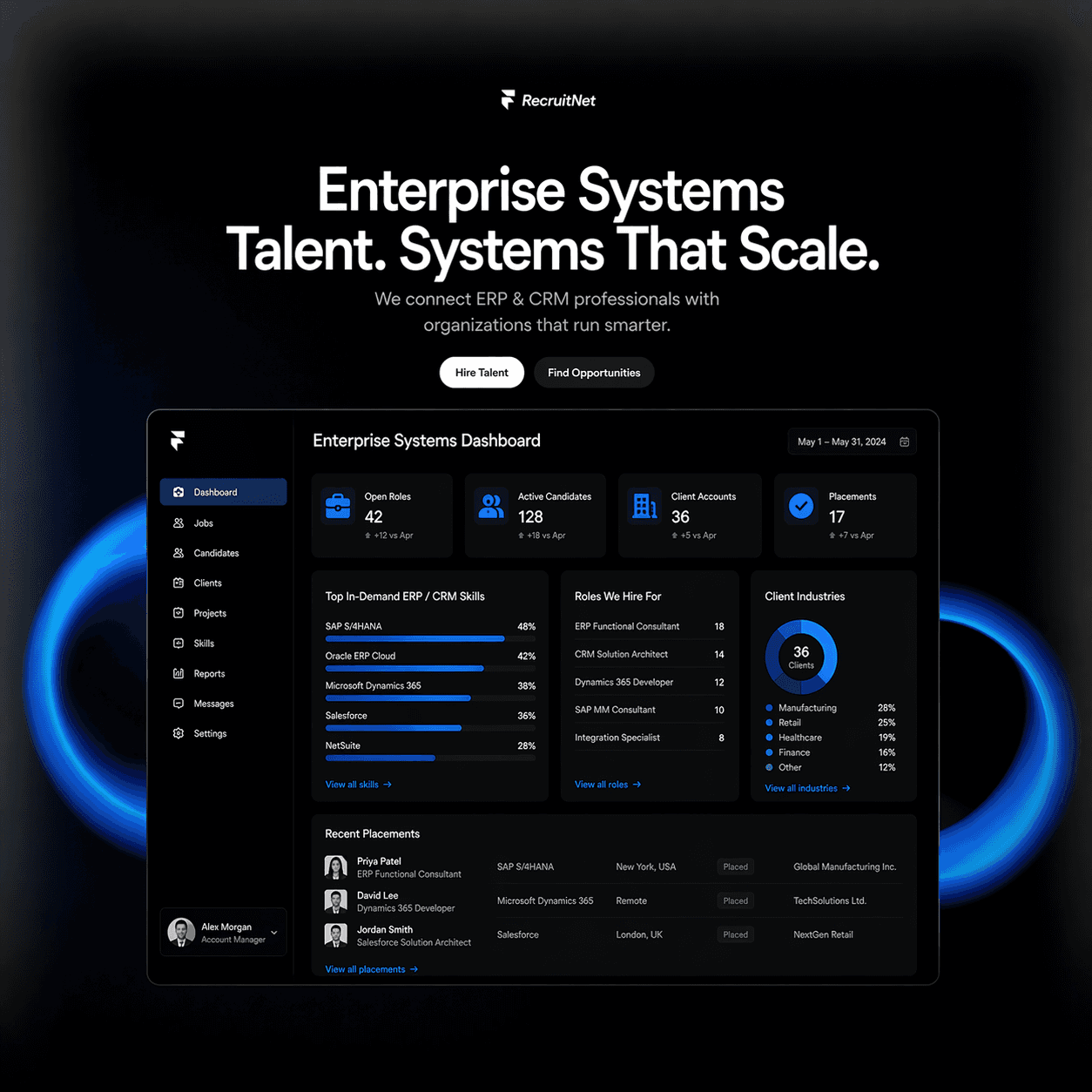 Framer website builder interface with blue abstract background and editor.