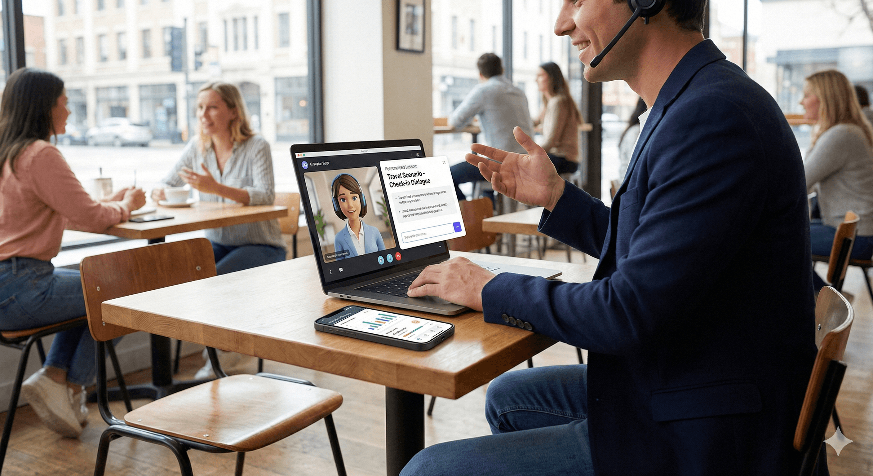 A person in a cafe uses a laptop displaying an AI language tutoring app featuring an animated character, engaging in conversation to enhance language fluency with Praktika.