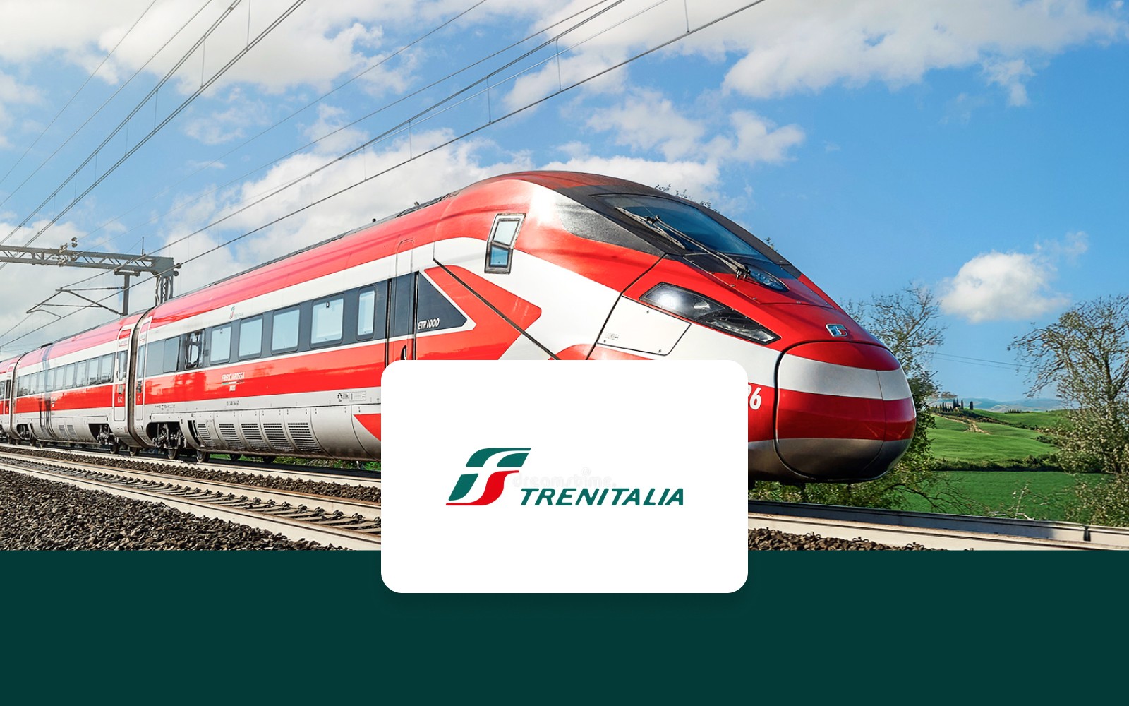 Trenitalia high-speed train traveling through Italian countryside.