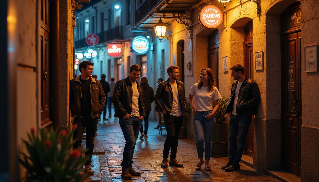 A lively night scene in Madrid's Malasaña, filled with youthful camaraderie.