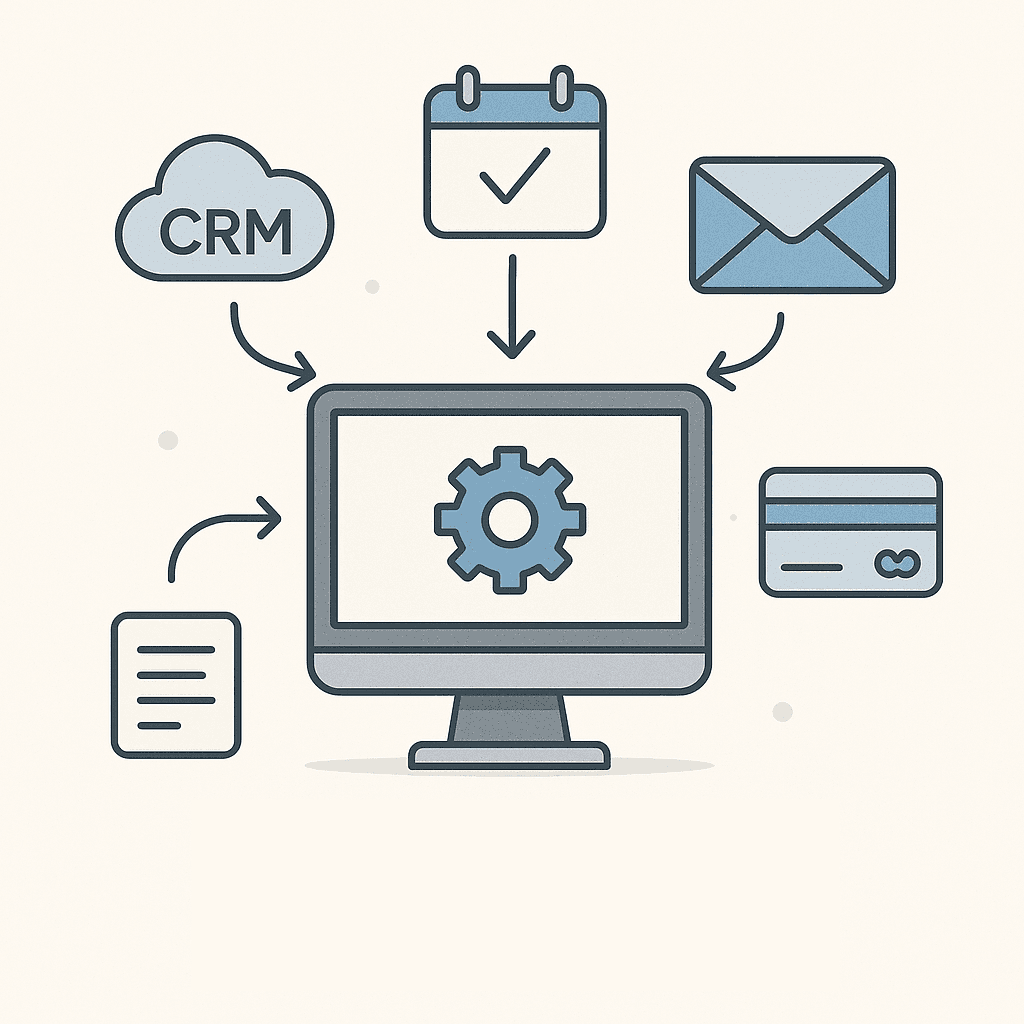 Cartoon of computer with images around indicating technical integrations