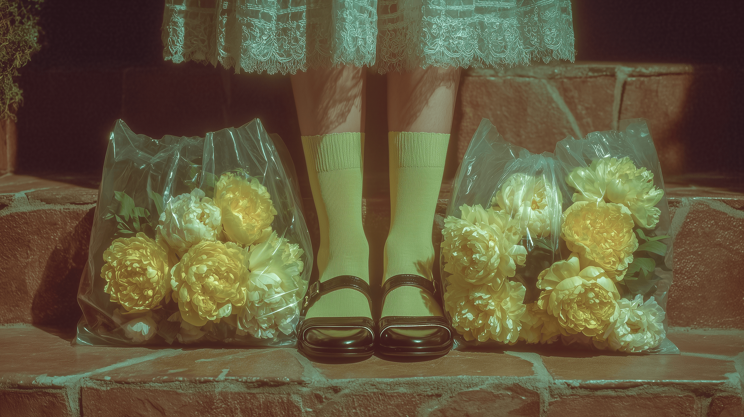A close-up fashion editorial photo of a woman's legs