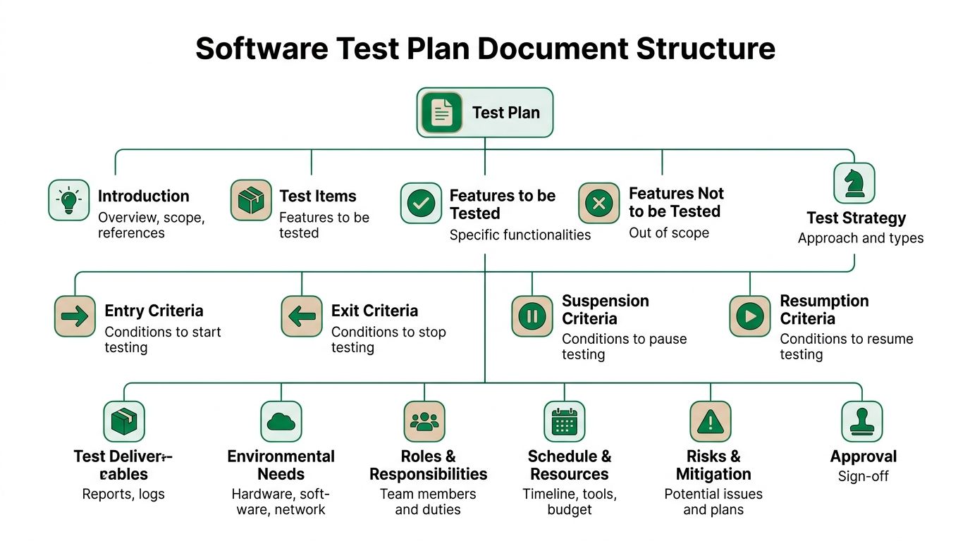 A diagram illustrating the structured components of a comprehensive software test plan document hierarchy.