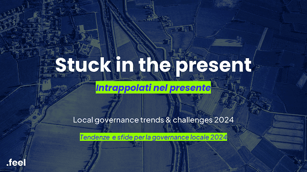 Cover of “Trend Local Governance”: Stuck in the present – Local governance trends & challenges 2024, over an aerial view of farmland