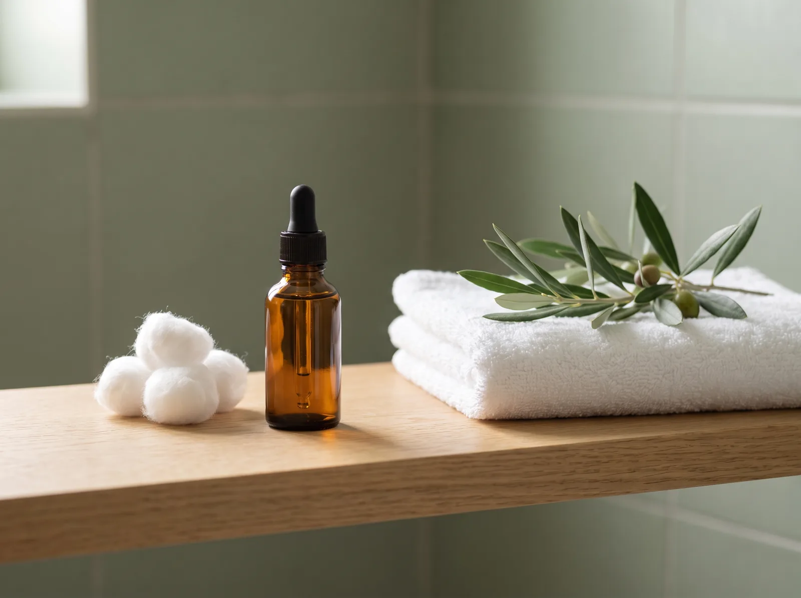 Small unlabelled dropper bottle of olive oil beside cotton wool on a wooden shelf