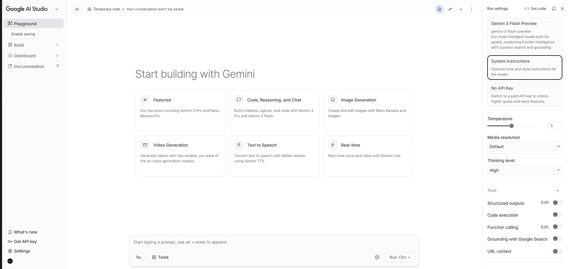 Image caption: The Google AI Studio first screen includes the main workspace, left navigation menu, and model settings panel for testing prompts and agent behavior.