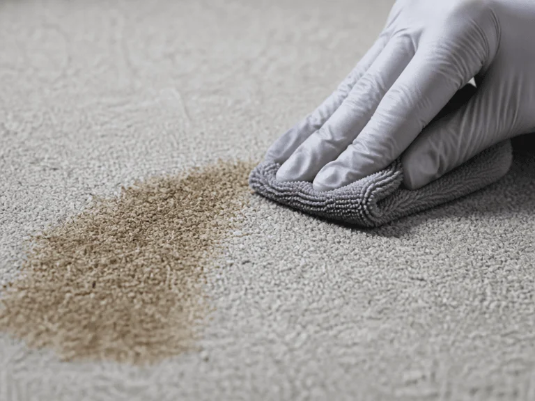 Nahaufnahme einer Hand mit weißem Schutzhandschuh, die mit einem grauen Mikrofasertuch einen bräunlichen Fleck auf einem hellen Teppich behandelt