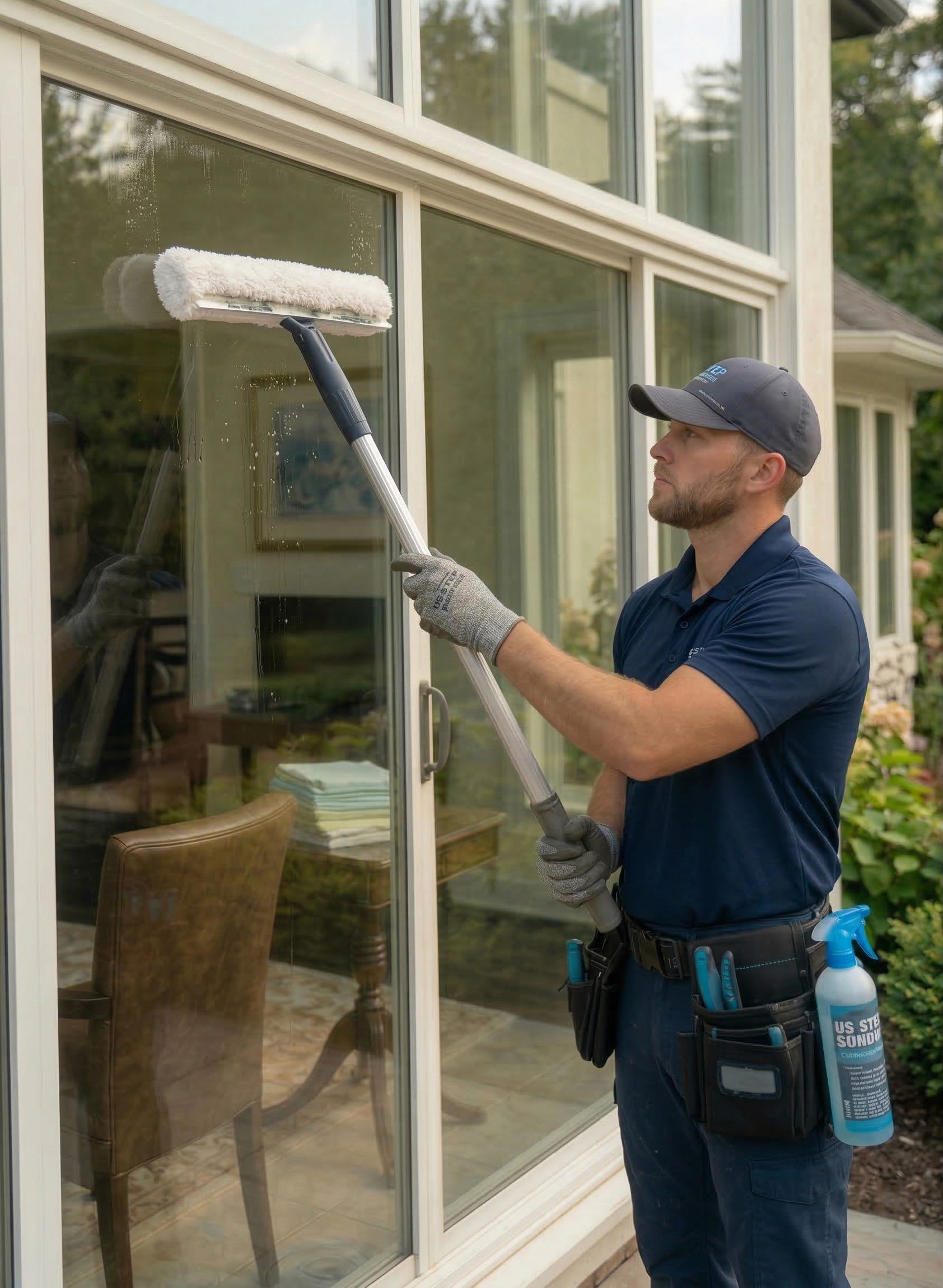 Close-up of a blue glass building facade, reflecting clouds and light in a dynamic, abstract pattern.