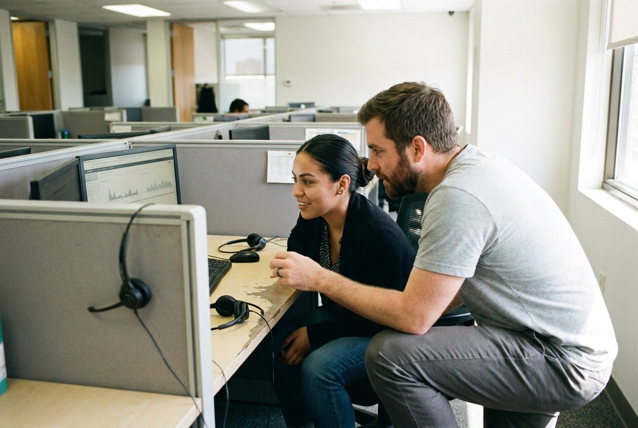 Team lead coaching a call center agent through a call review at her desk