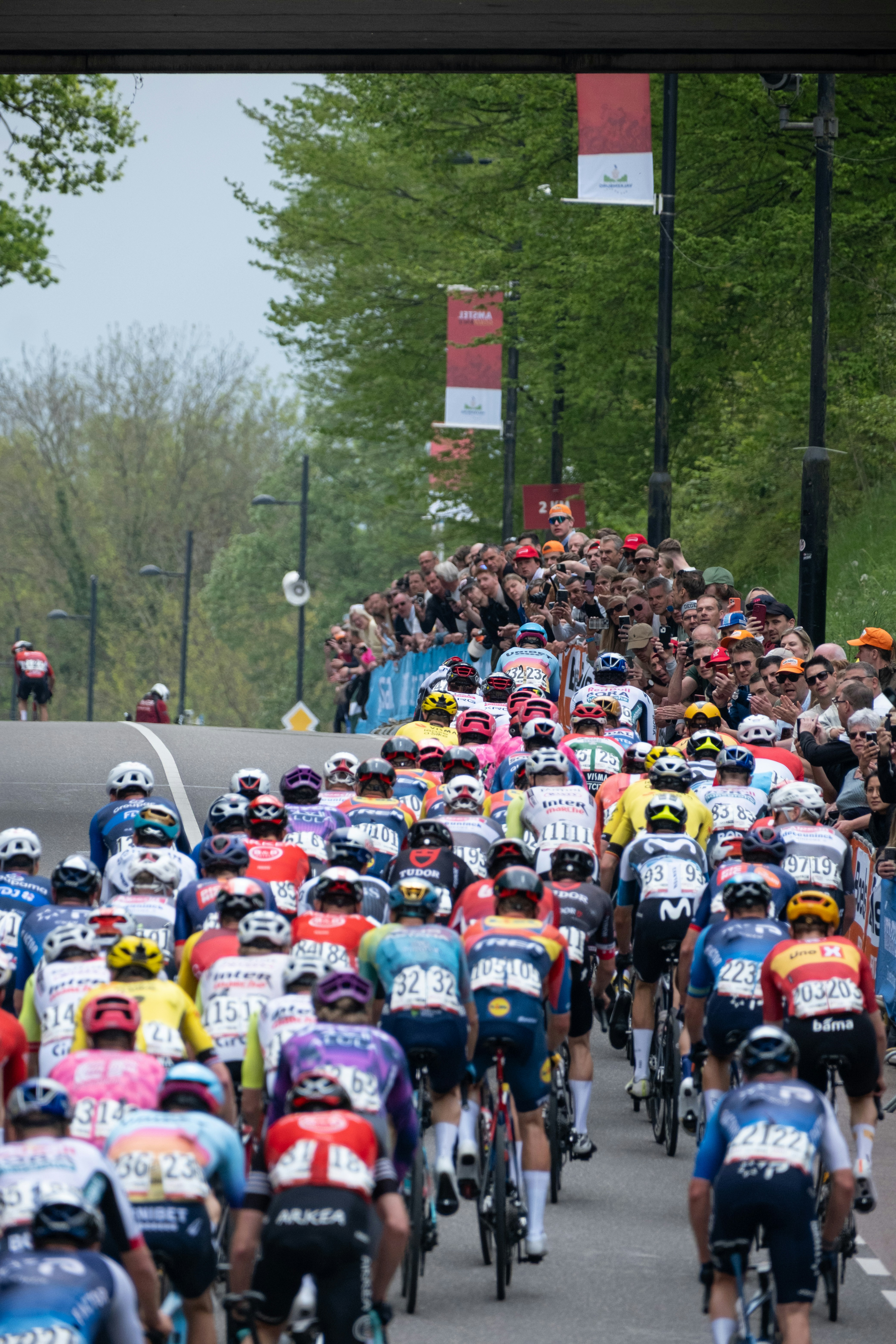 Cyclists ride as a crowd watches the race.