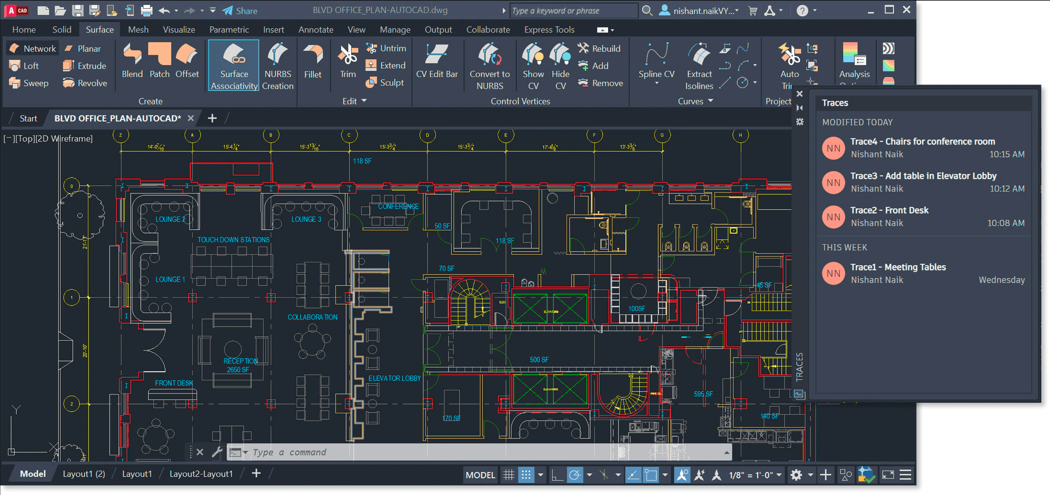 AutoCAD workspace showing a detailed architectural floor plan with the Traces panel open and multiple drawing annotations listed.