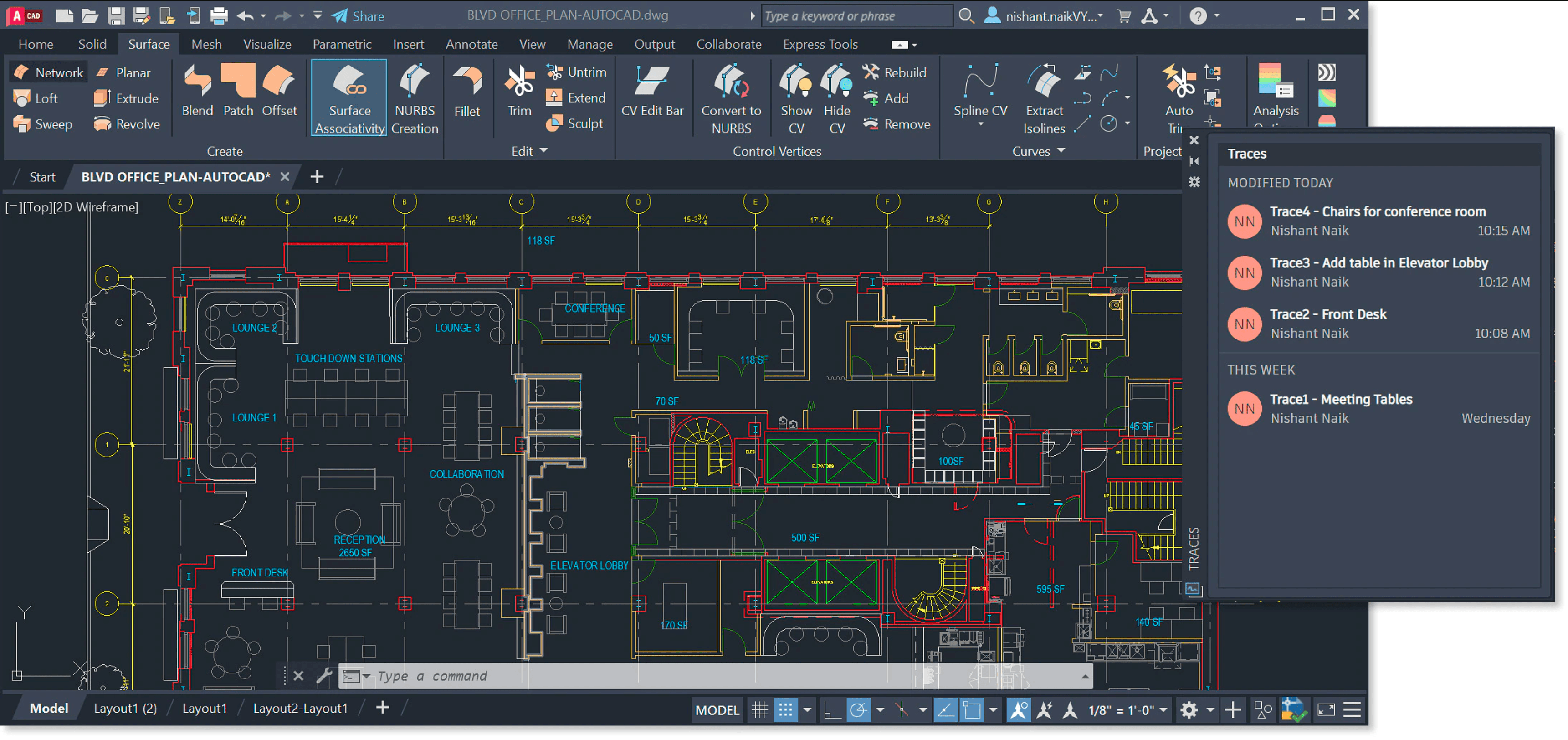 AutoCAD workspace showing a detailed architectural floor plan with the Traces panel open and multiple drawing annotations listed.