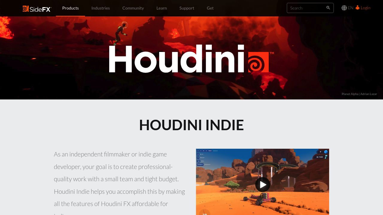 Screenshot of the Houdini Indie website displaying 3D animation and procedural generation software