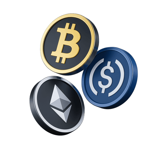Bitcoin, Ethereum and USDC coins representing supported payment methods for crypto cover